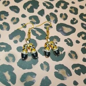 Black and Gold Ballet Shoe Earrings with Silver Gems.